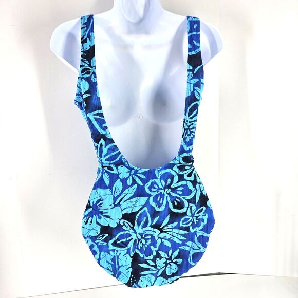 Vintage 90s/ Y2K Catalina Swimsuit Plus Size 1XL(16W) 1pc Blue Floral Ribbed - Picture 3 of 13